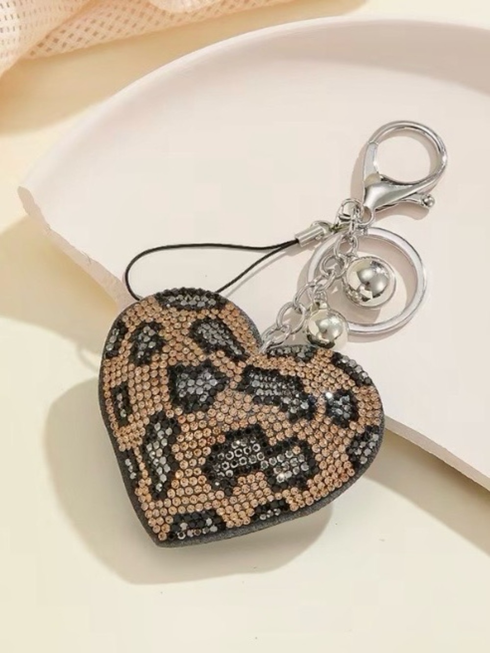 $38.00- Gorgeous Black & White Leopard Print Crystal Heart Bag Charm Keychain